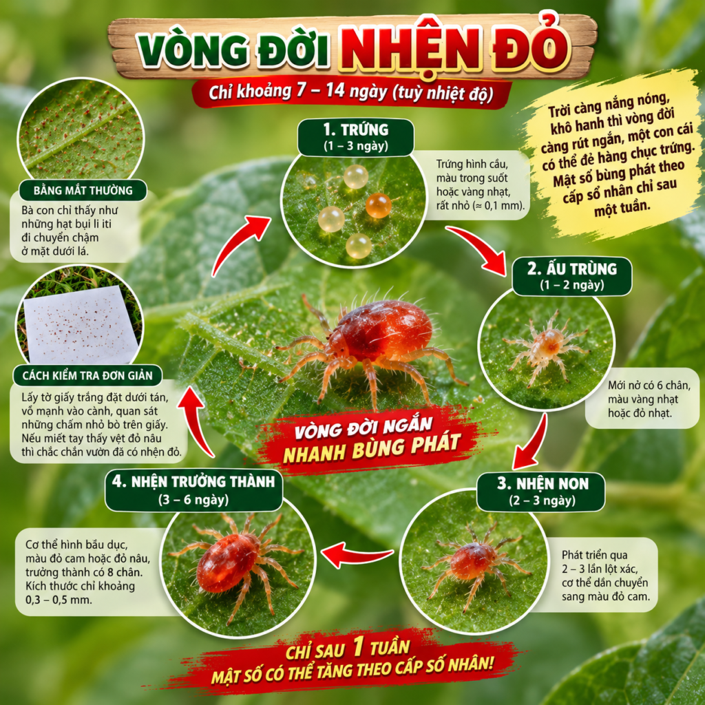 Vòng đời nhện đỏ hại sầu riêng là côn trùng gây hại có vòng đời ngắn nhưng mật số tăng theo cấp số nhân.